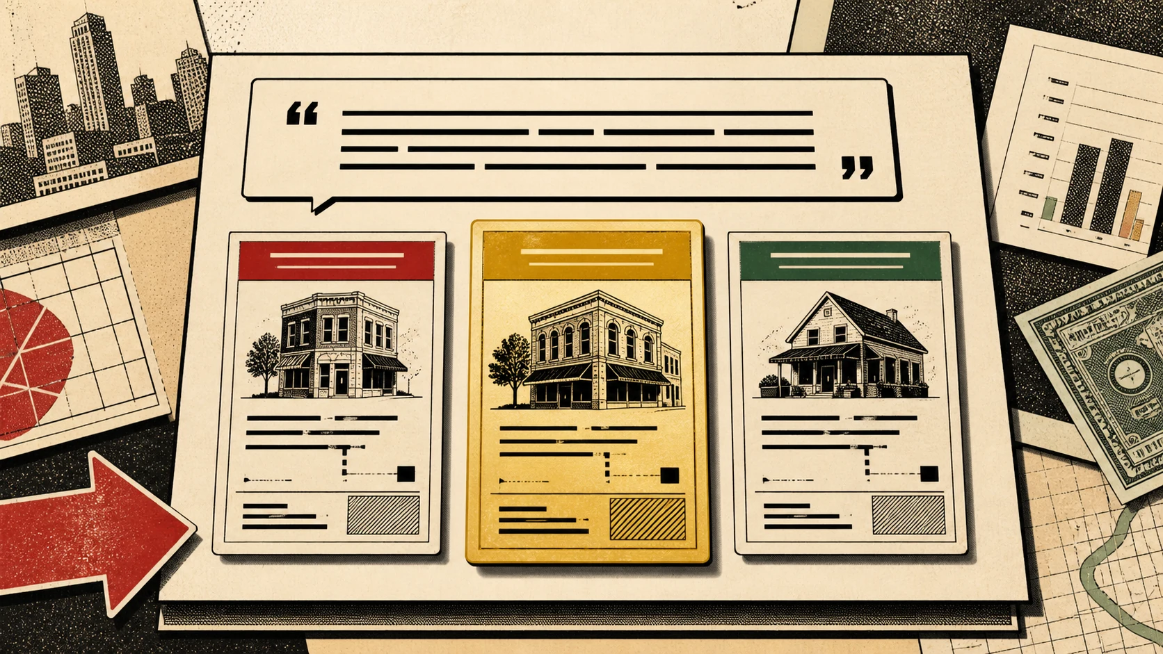 A generative-AI chat recommending three local businesses as small board-game property cards, one highlighted in gold; cream and gold tones.
