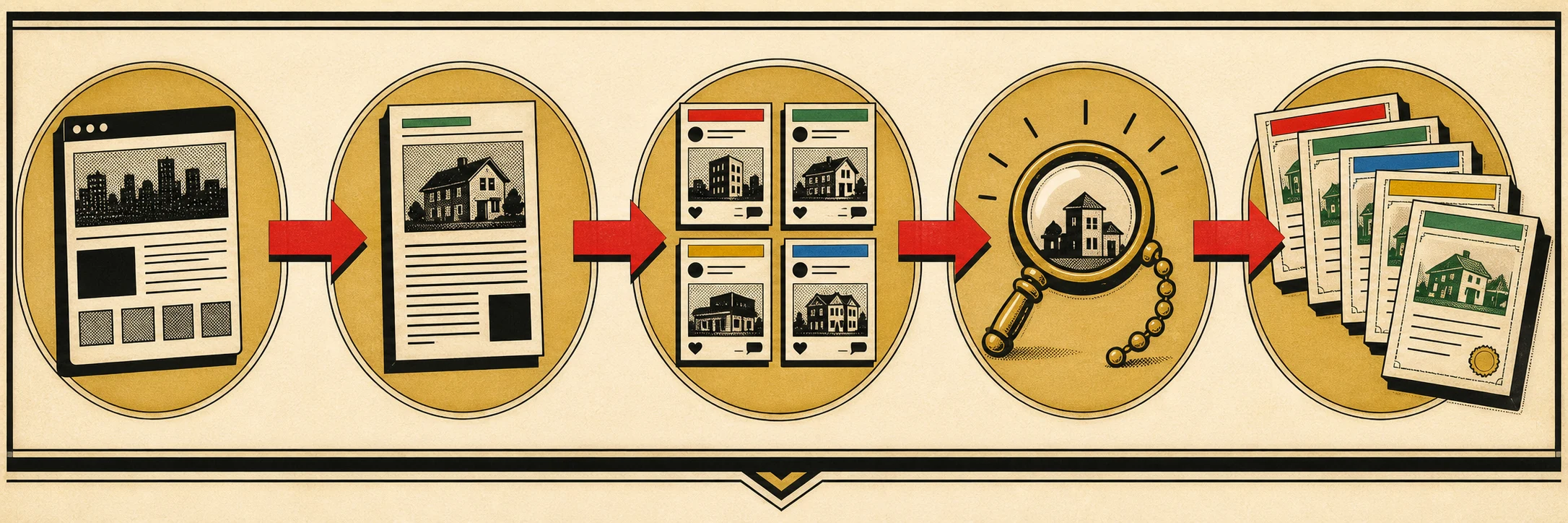 Five-step strip: website → article → four platform posts fanning out → monocle review → a growing cluster of consistent property cards; board-game illustration style.