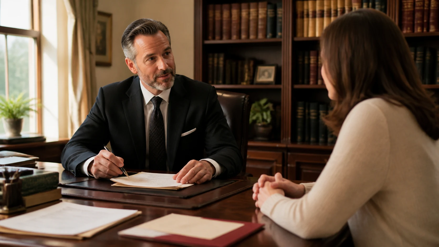 An attorney in a warm, book-lined office speaking with a client; editorial, confident, cream and gold tones.