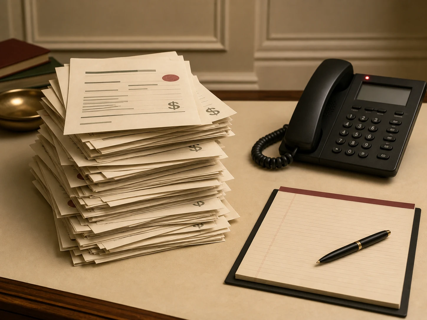A stack of paid legal-lead invoices next to a phone that has stopped ringing.