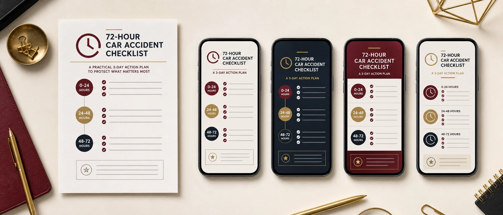 Flat-lay: a printed 72-hour car-accident checklist article plus four phone screens showing native LinkedIn, X, Instagram, Facebook posts.