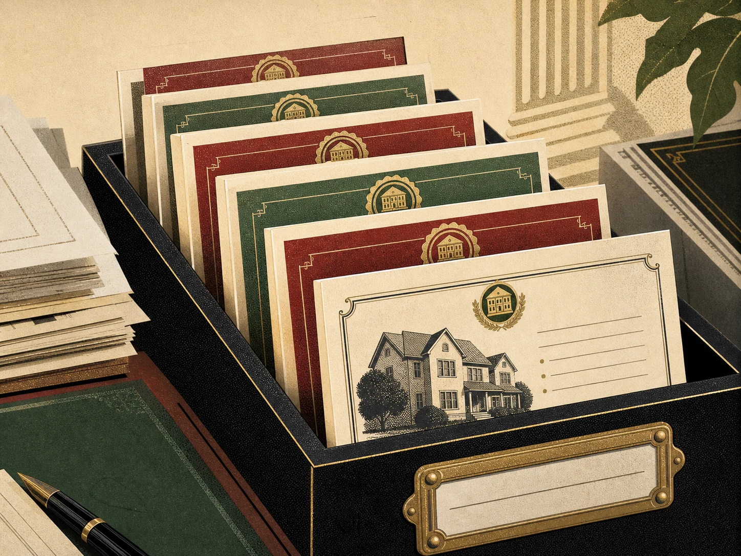 A case intake list filling with qualified inquiries, entries styled like small board-game property cards.