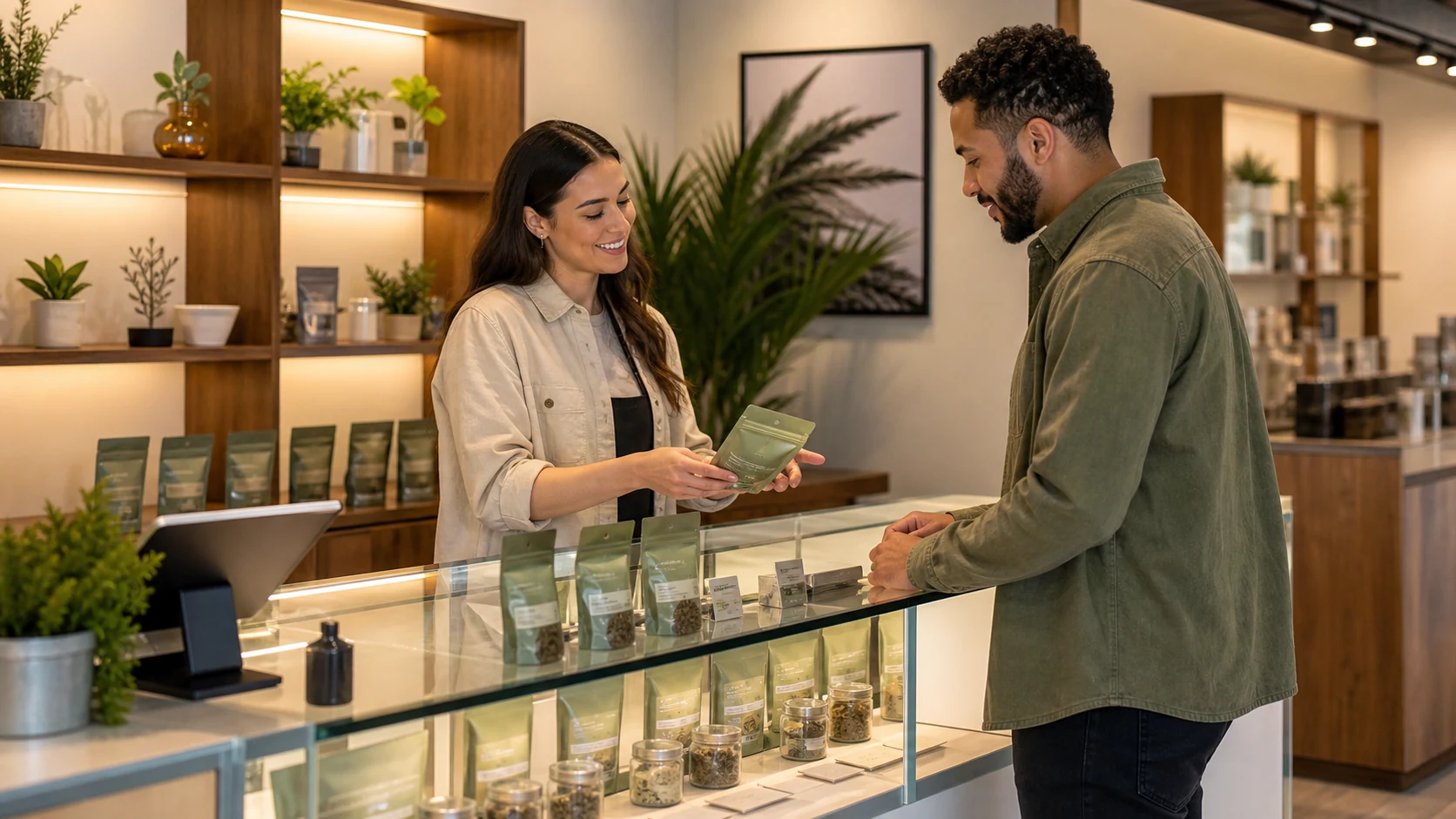 A clean, well-lit modern dispensary interior with a budtender helping a customer; premium retail feel, cream and green tones.