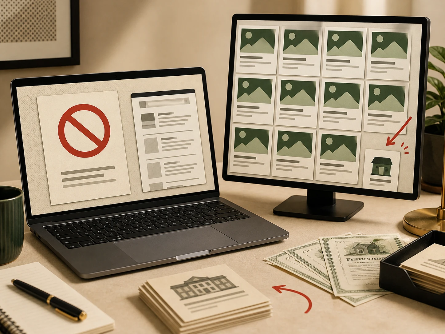 A "your ad was rejected" notice on a laptop beside a Google results page full of menu apps.