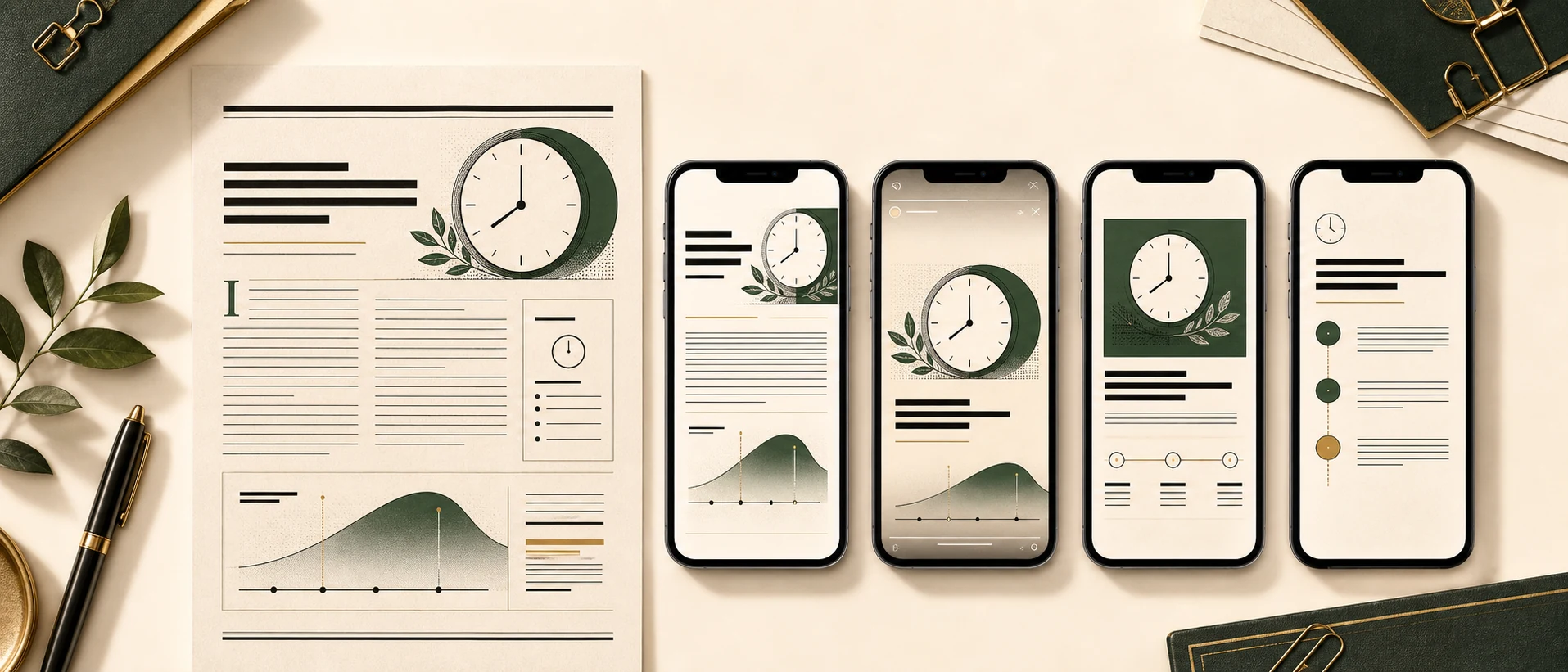 Flat-lay: a printed edibles-onset article plus four phone screens showing native LinkedIn, X, Instagram, Facebook posts.