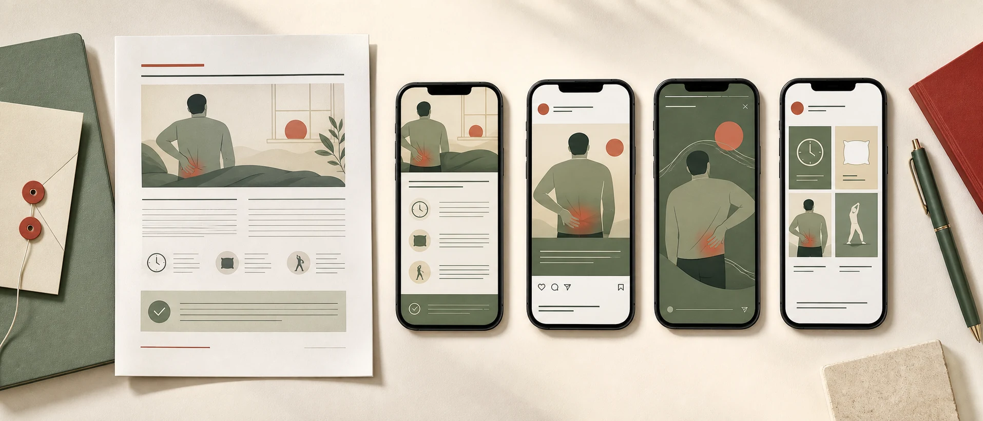 Flat-lay: a printed morning-back-pain article plus four phone screens showing native LinkedIn, X, Instagram, Facebook posts.