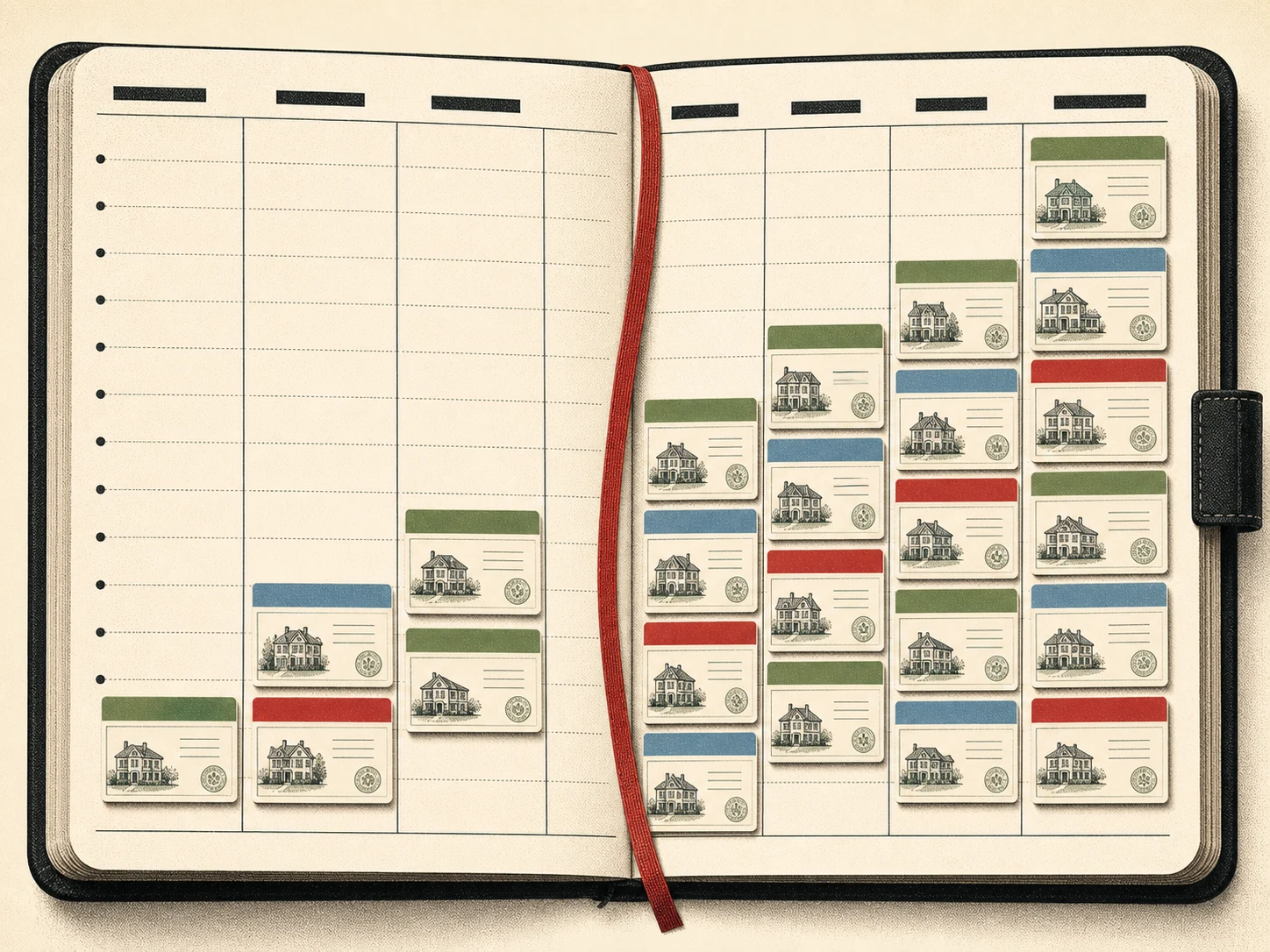 An appointment book filling with new patients, entries styled like small board-game property cards.