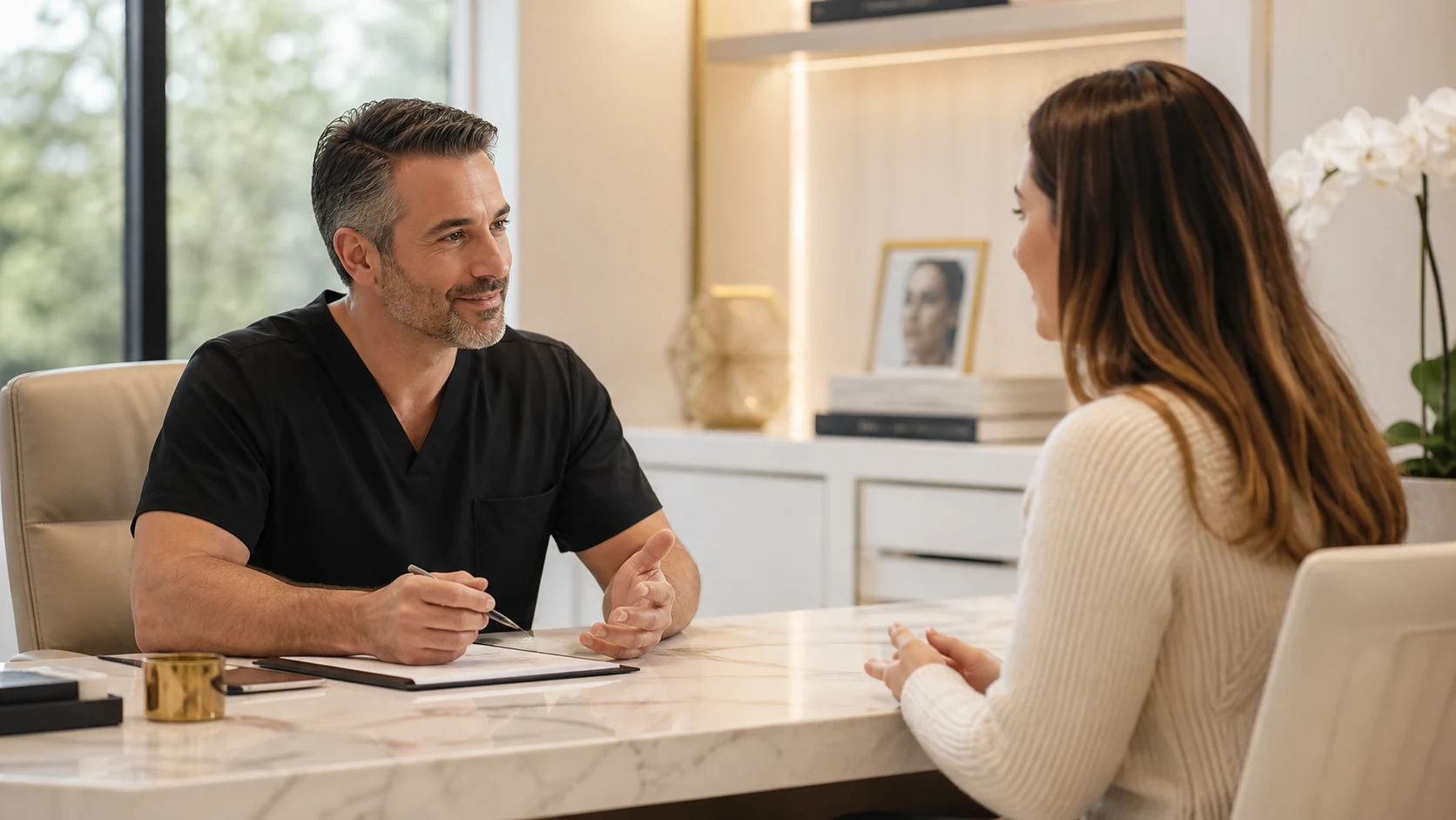 A confident plastic surgeon in a bright modern consult room, shot editorial-style; warm cream tones to match the board.