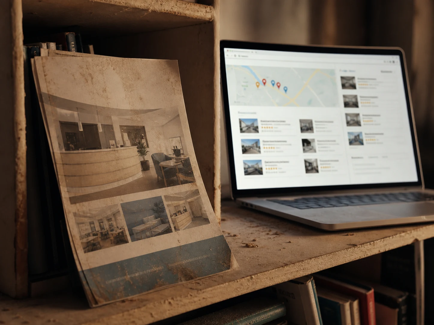A practice website shown as a dusty brochure on a shelf while a Google results page glows nearby.