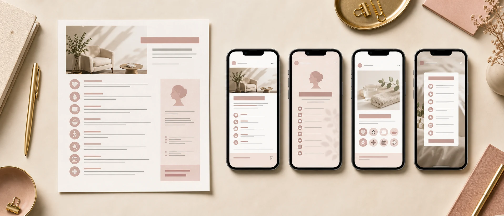 Flat-lay of one printed article and four phone screens showing the same story as LinkedIn, X, Instagram, Facebook posts.