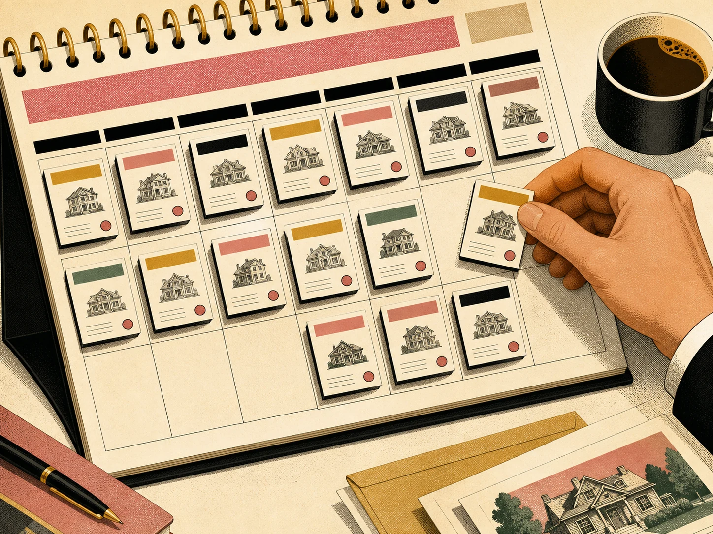 A calendar filling with consult appointments, each day stamped with a small board-game property card.