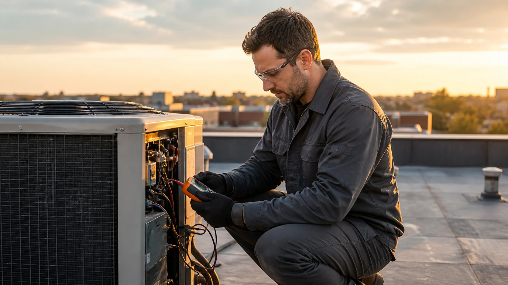 An HVAC technician at a rooftop condenser at golden hour, confident and clean; warm cream and orange tones.