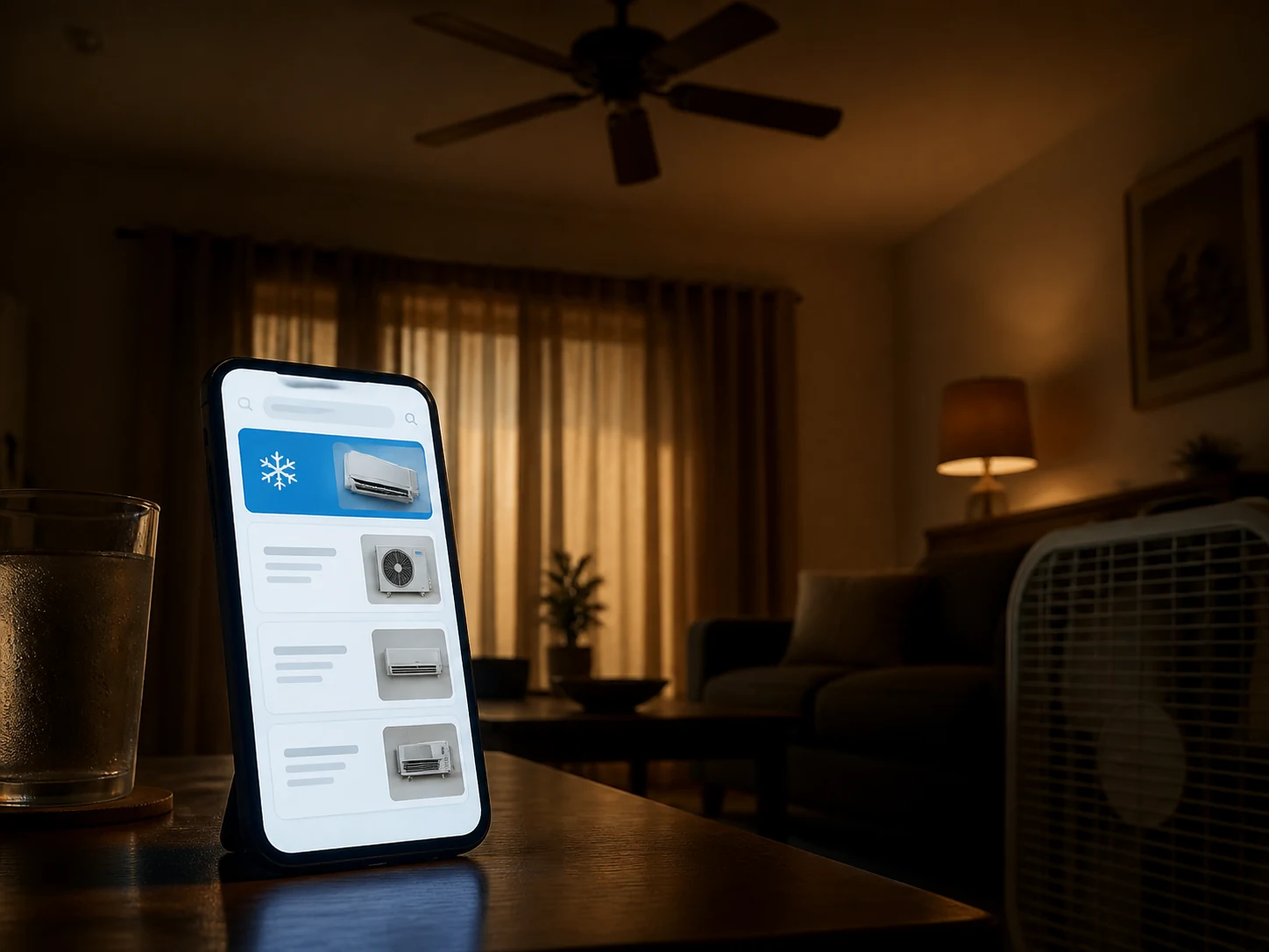 A dark living room, a homeowner's phone lit up with "AC repair near me" and a competitor at the top of results.