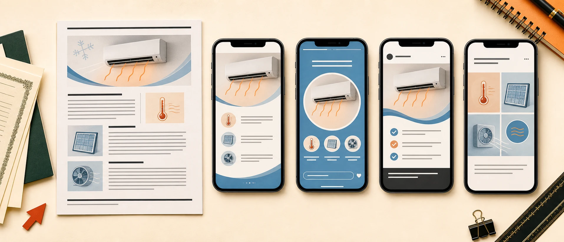 Flat-lay: a printed "AC blowing warm air" article plus four phone screens showing native LinkedIn, X, Instagram, Facebook posts.