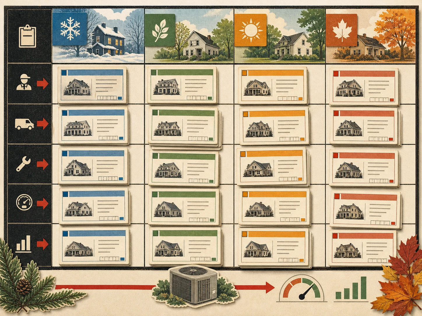 A dispatch board filling with service calls across all four seasons, tiles styled like small board-game property cards.