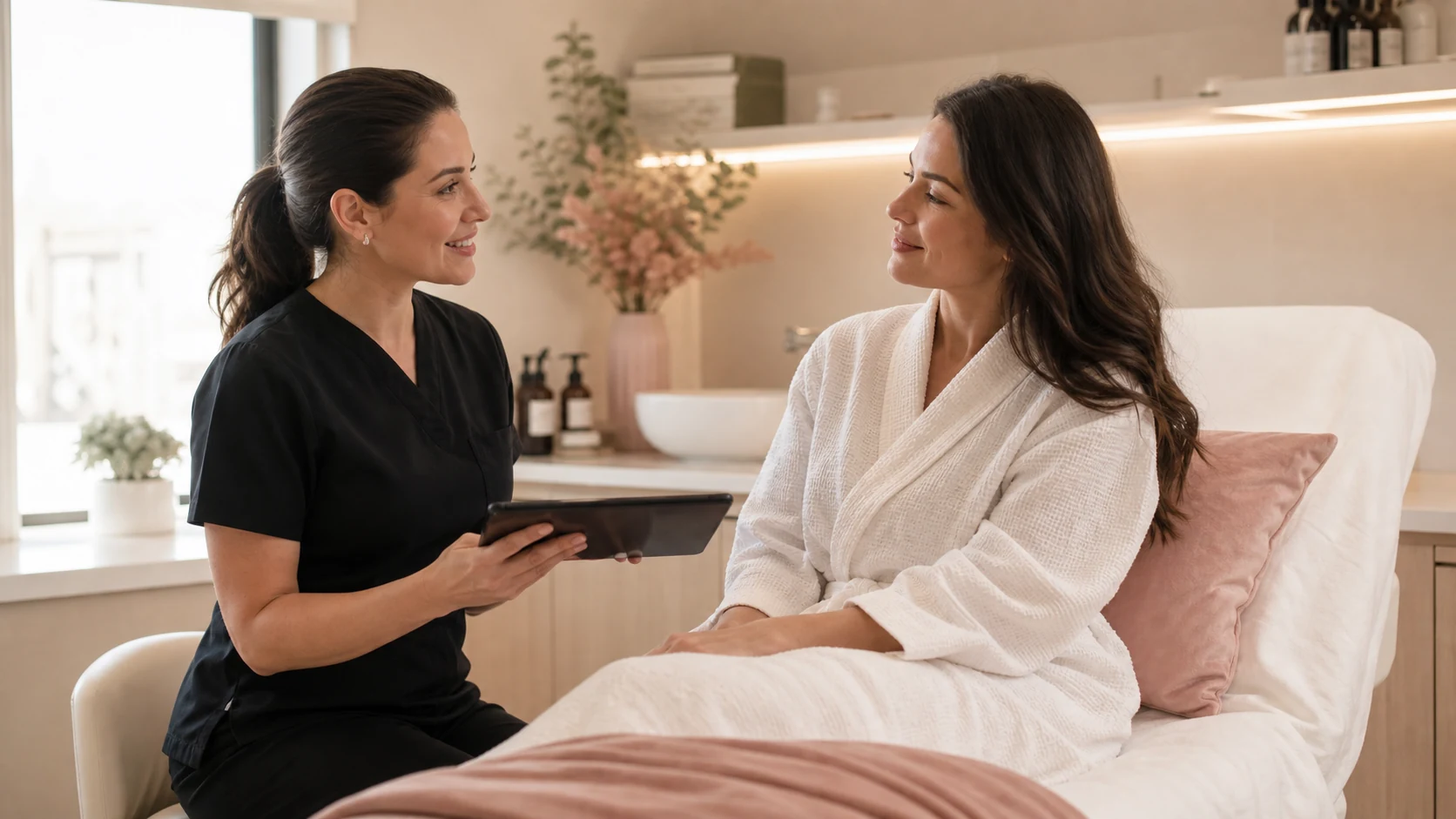 A calm, upscale med spa treatment room with a practitioner and client, editorial light; cream and blush tones.