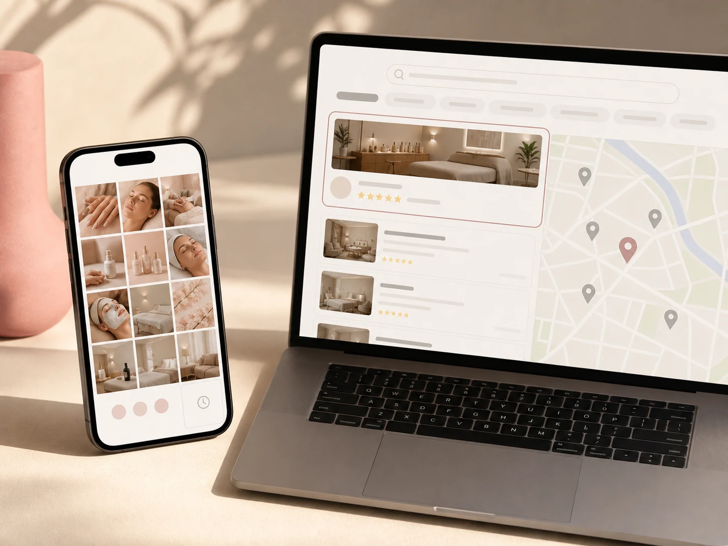 A phone showing an Instagram grid that stops six weeks ago, beside a Google results page with a competitor on top.
