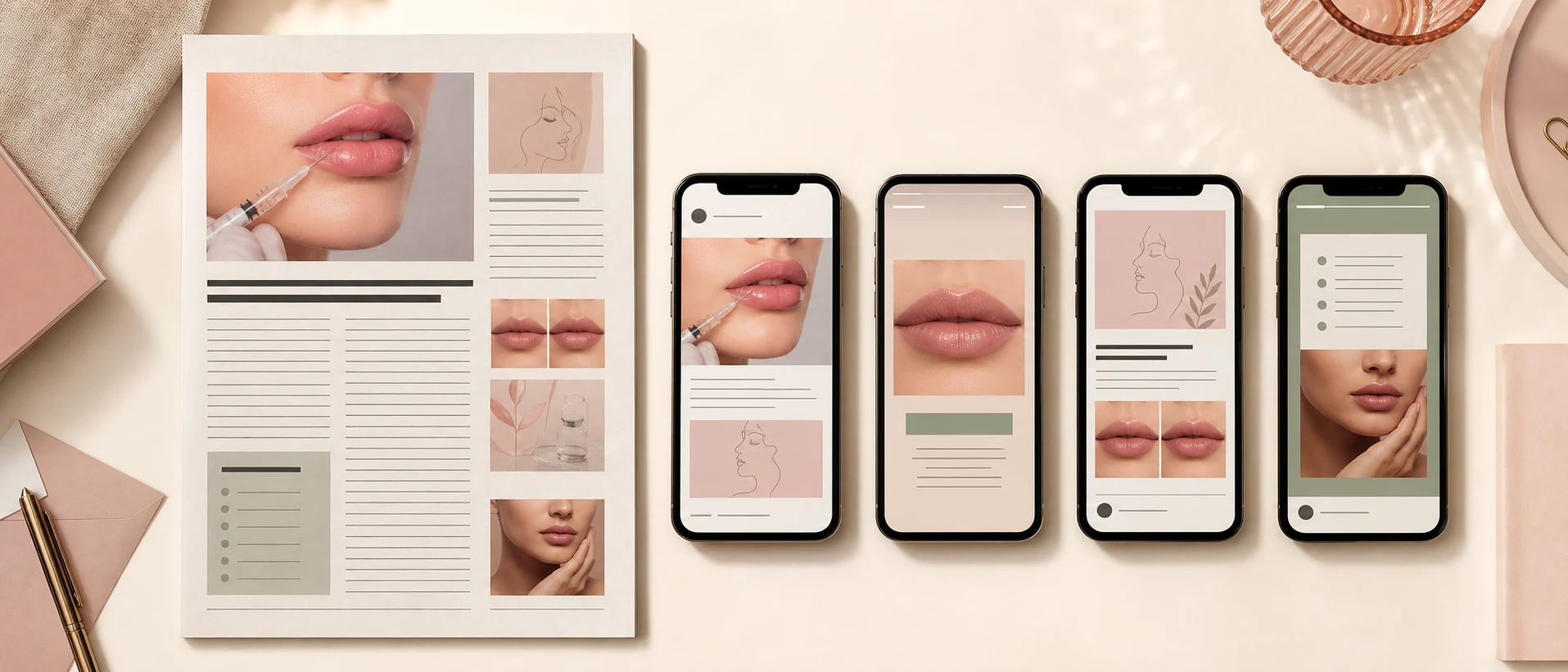 Flat-lay: one printed article about lip filler plus four phone screens showing native LinkedIn, X, Instagram, Facebook posts.