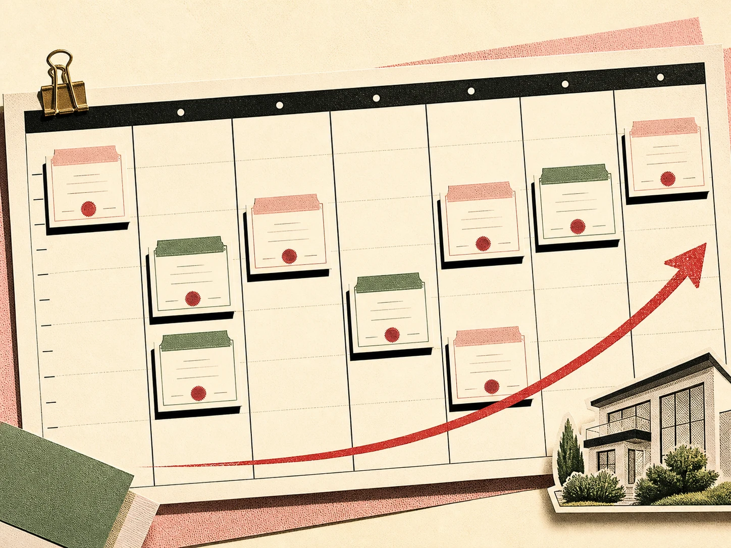 A booking calendar filling up, each appointment tile styled like a small board-game property card.