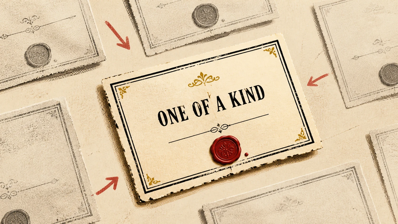 A single board-game property card with a wax seal and the words "one of a kind", surrounded by faded identical photocopied cards; cream and pink tones.