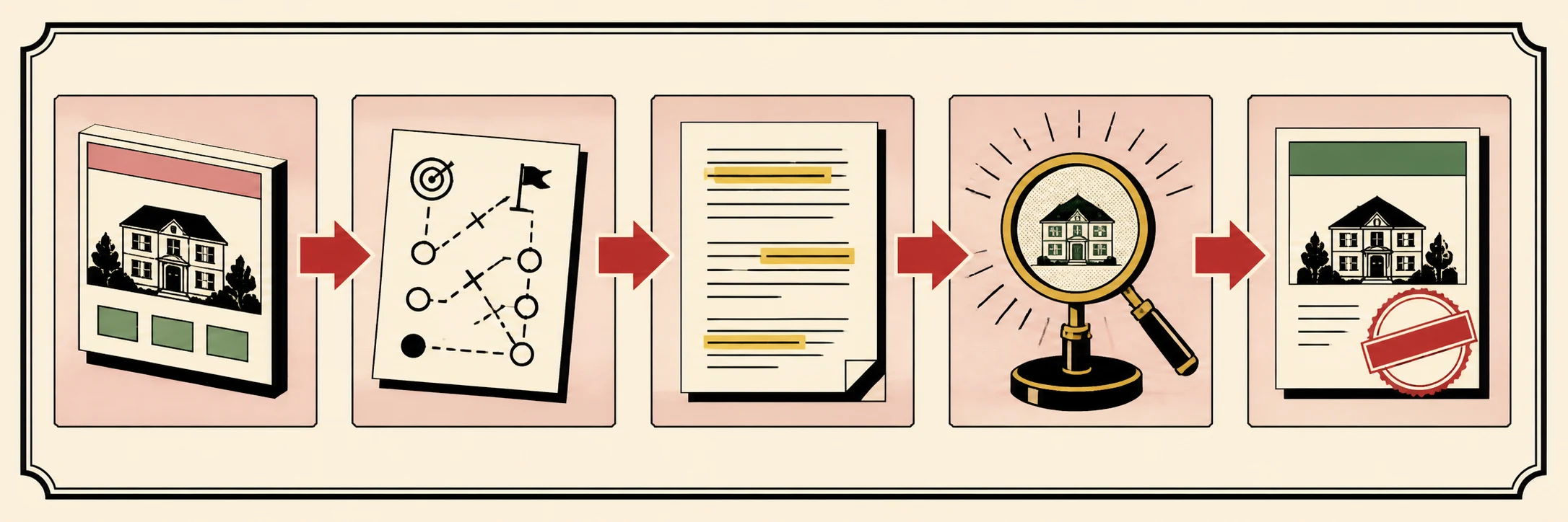 Five-step strip: website → strategy sheet → written page with specifics highlighted → monocle review → a stamped "SHIPPED" card; board-game illustration style.