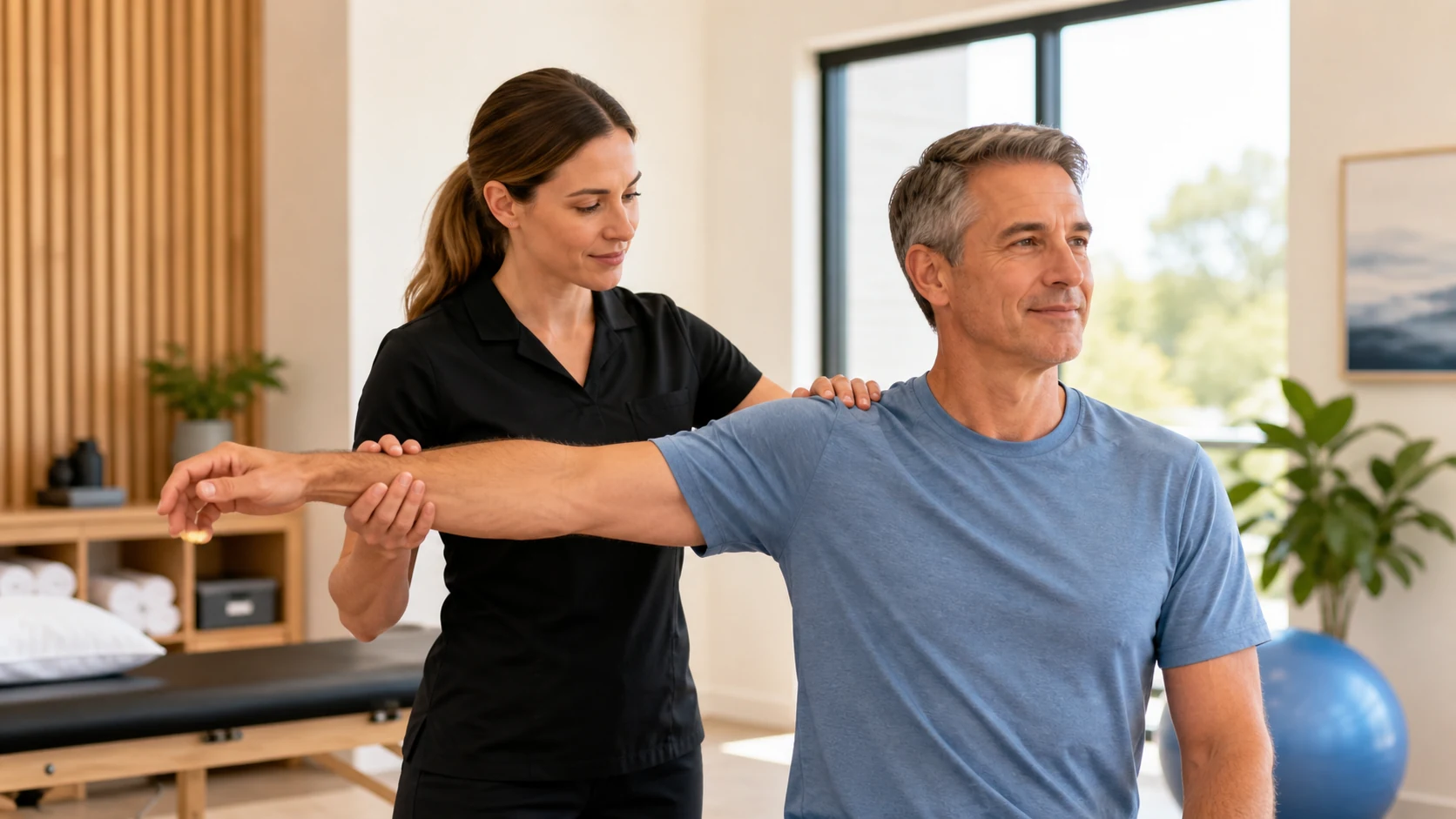 A physical therapist guiding a patient through a shoulder exercise in a bright clinic; warm, editorial, cream tones.
