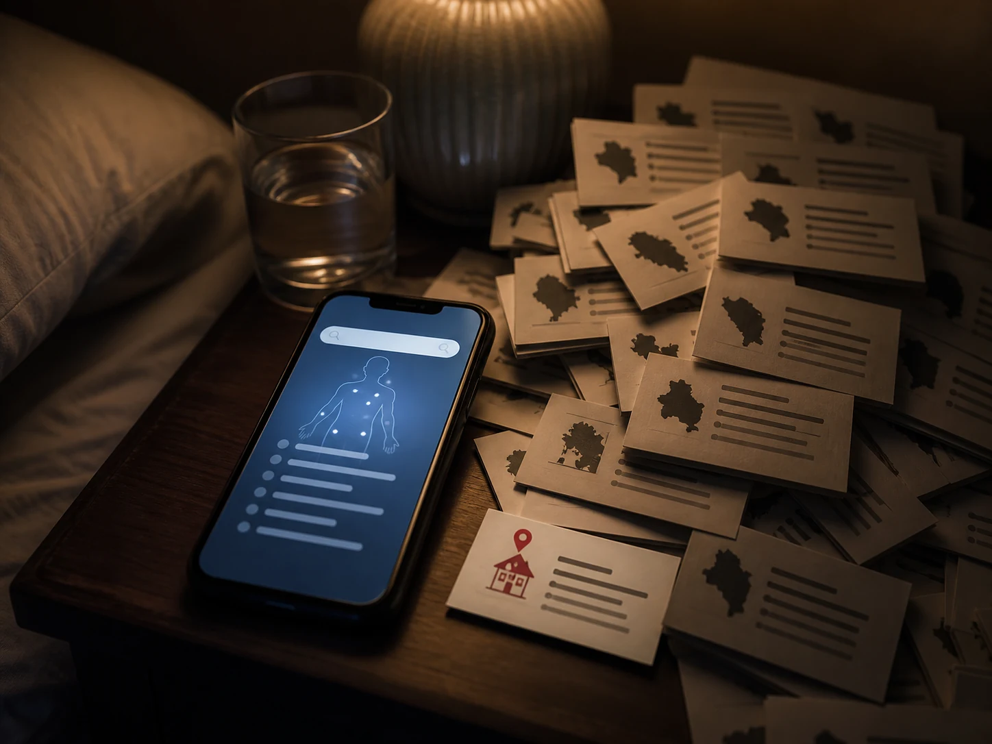 A late-night phone screen with a symptom search, results dominated by big national health sites.