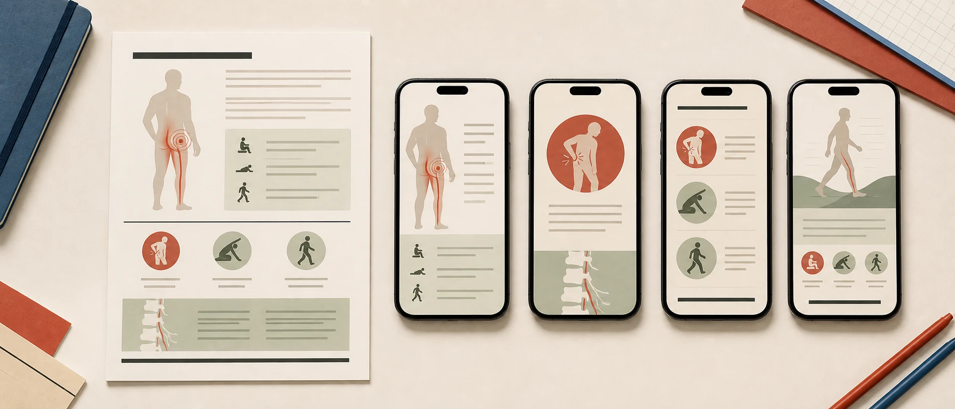 Flat-lay: a printed sciatica article plus four phone screens showing the native LinkedIn, X, Instagram, Facebook posts.