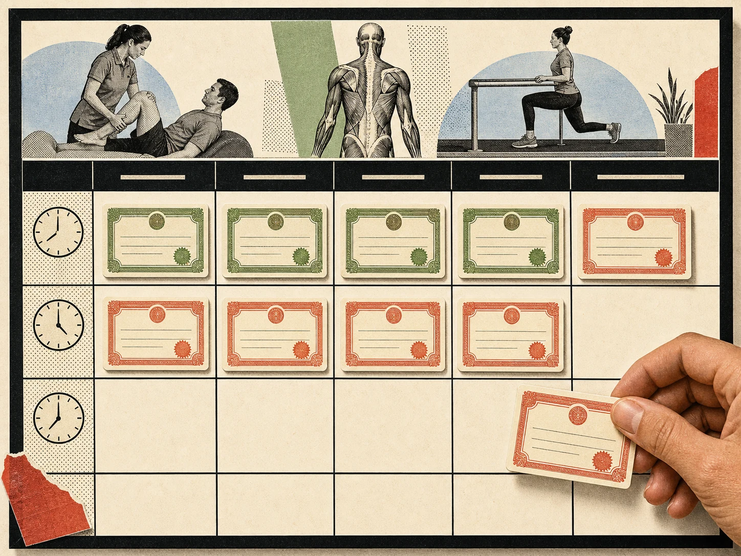 A clinic schedule board filling with new-patient slots, each tile styled like a small board-game property card.