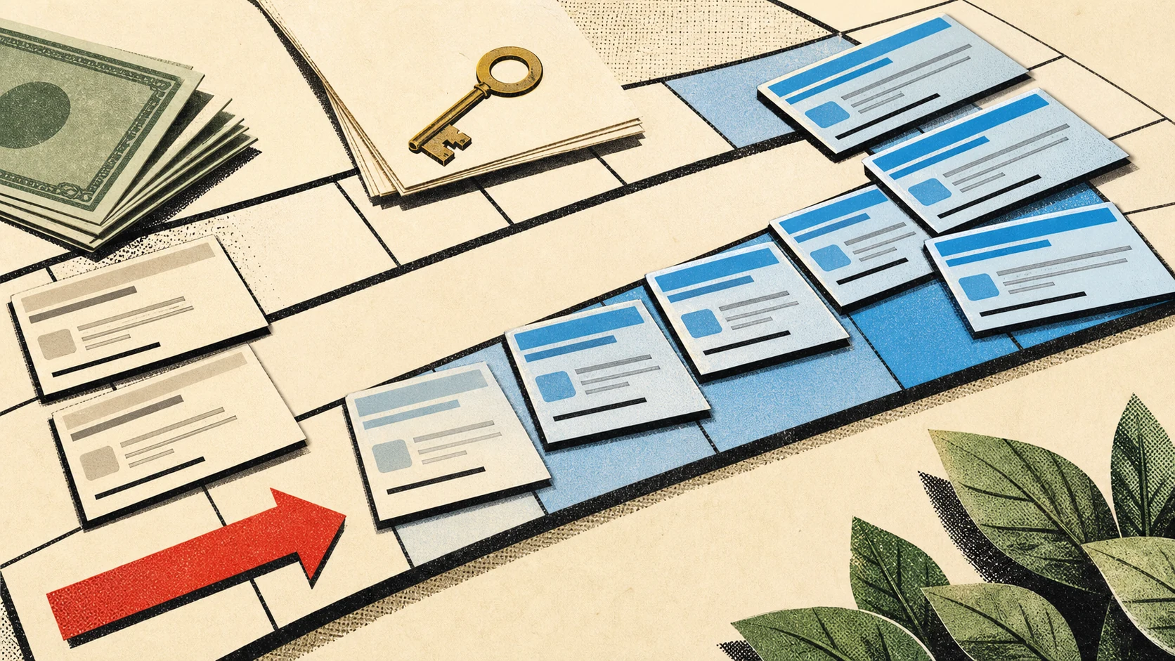 A property board where each square is a Google result card, with more and more squares turning the brand color; cream and sky-blue tones.