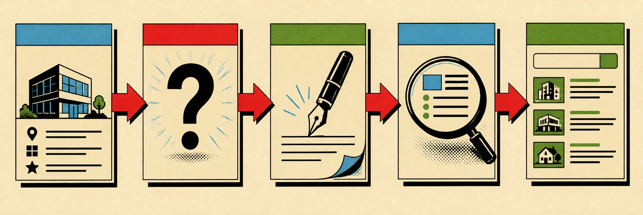 Five-step strip: a website → a question card → a written page → a magnifying monocle (review) → a Google result; board-game illustration style.