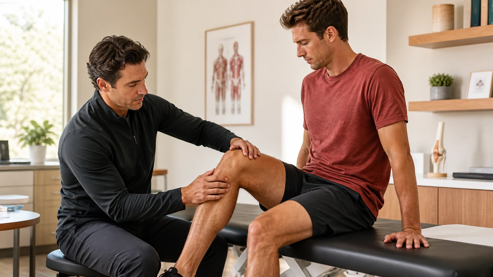 A sports medicine physician examining a runner's knee on a treatment table, athletic and bright; cream tones.