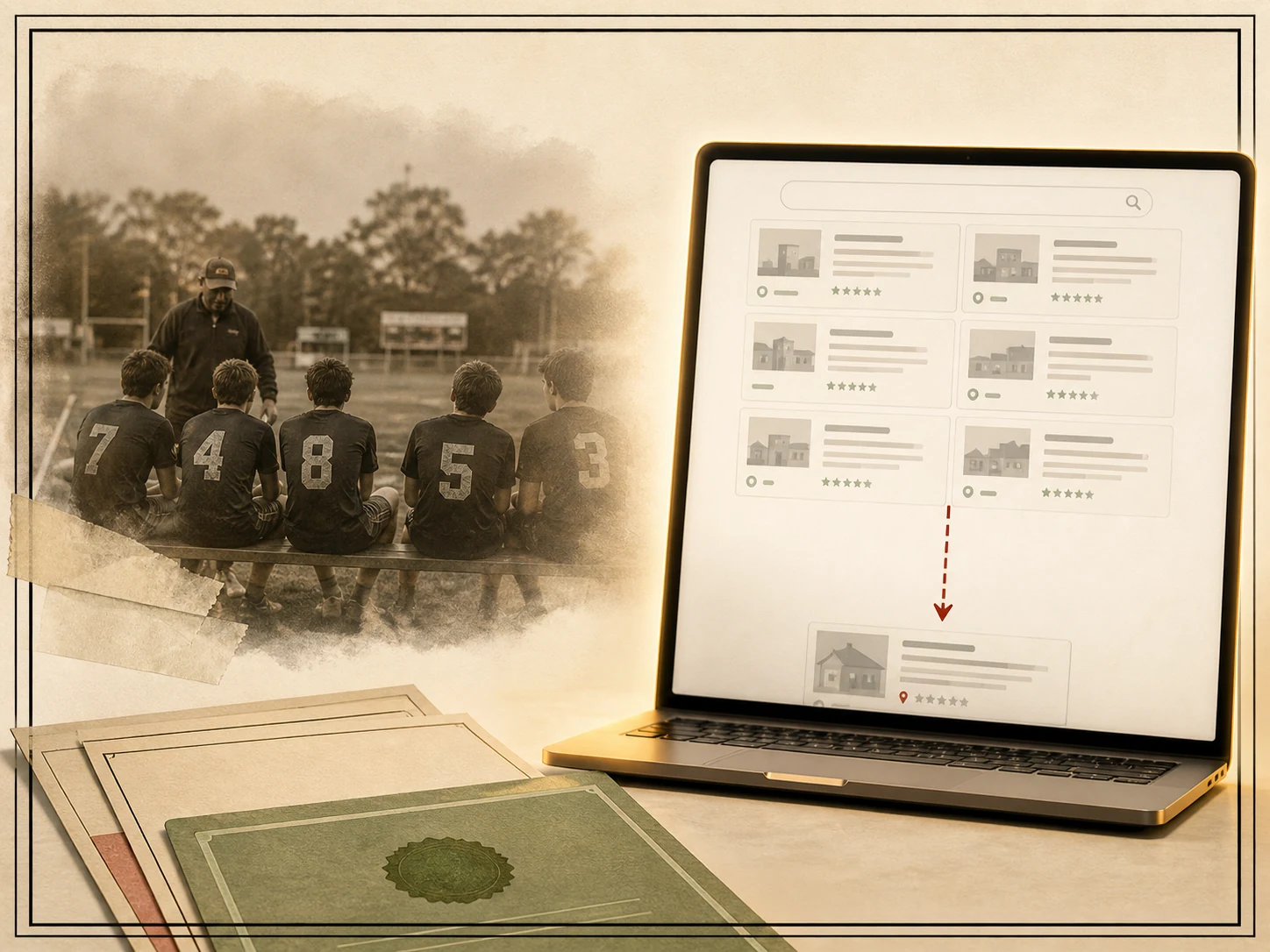 A sideline team photo fading next to a Google results page where the practice is nowhere on page one.