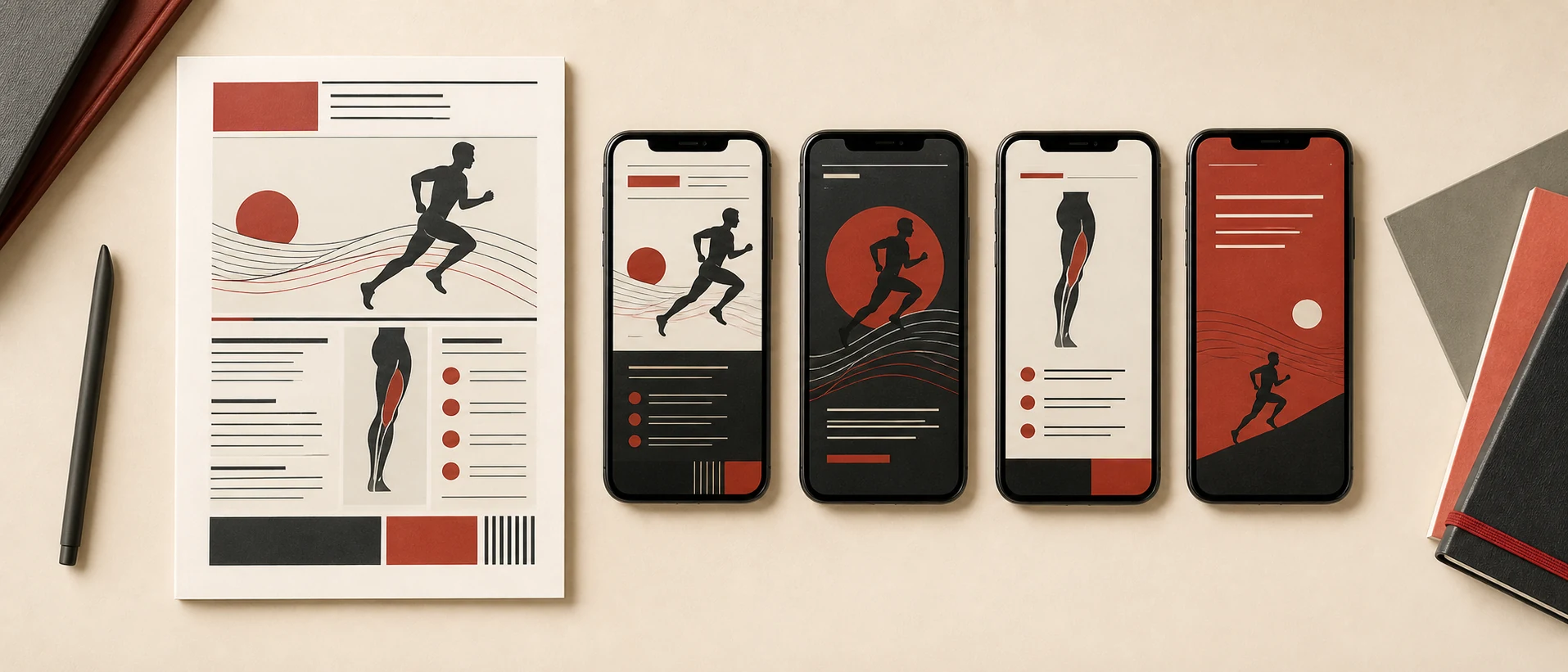 Flat-lay: a printed hamstring article plus four phone screens showing native LinkedIn, X, Instagram, Facebook posts.