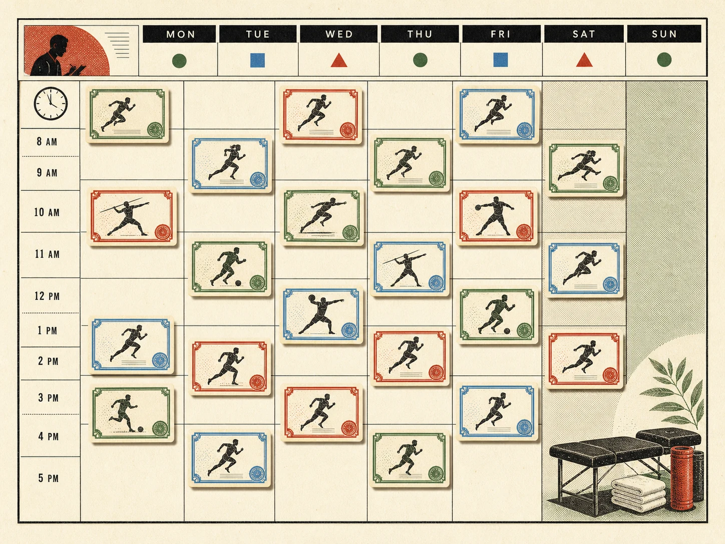 A weekly schedule filling with athlete appointments, tiles styled like small board-game property cards.